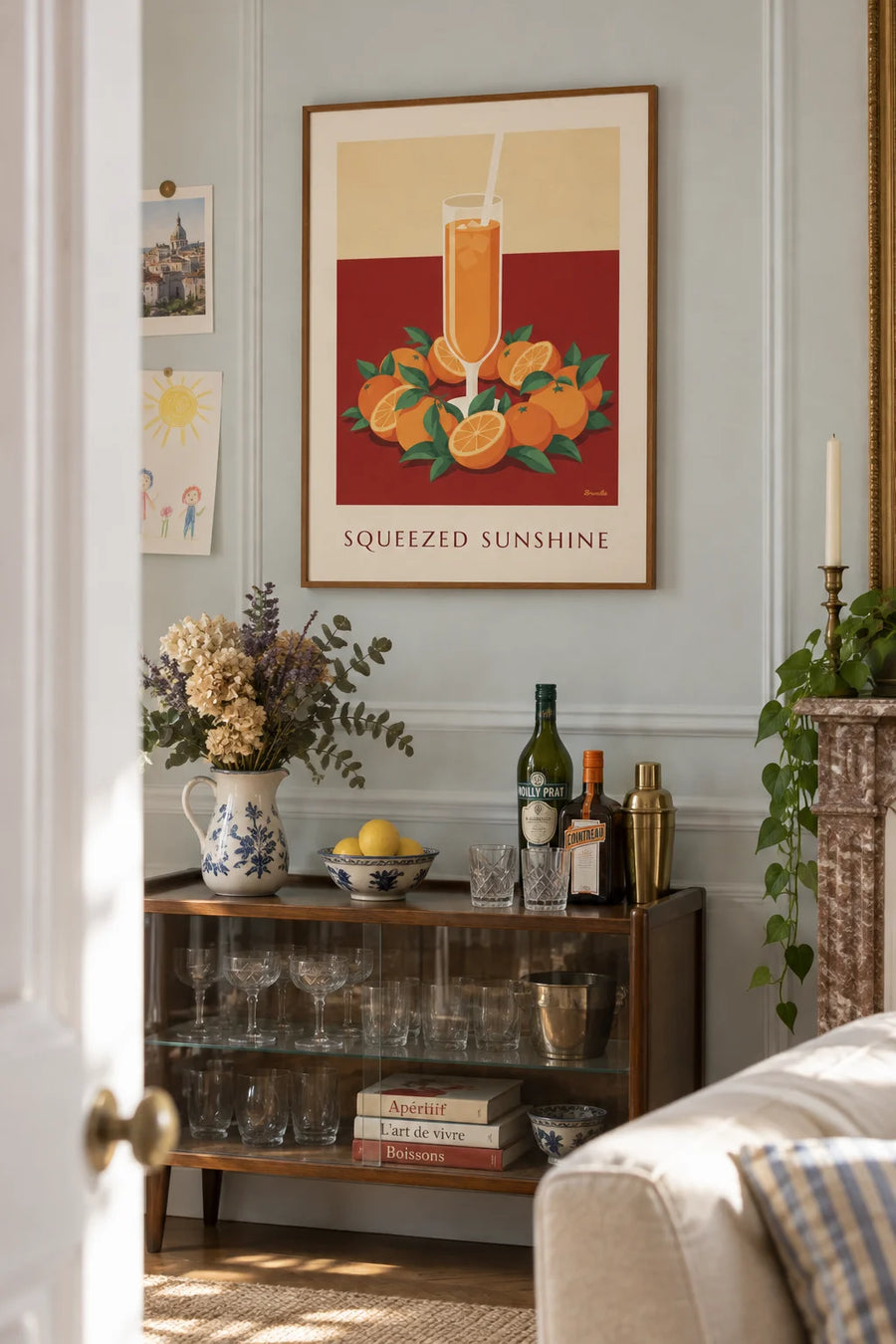 Affiche jus d'orange frais et couronne d'oranges : encadrée au mur