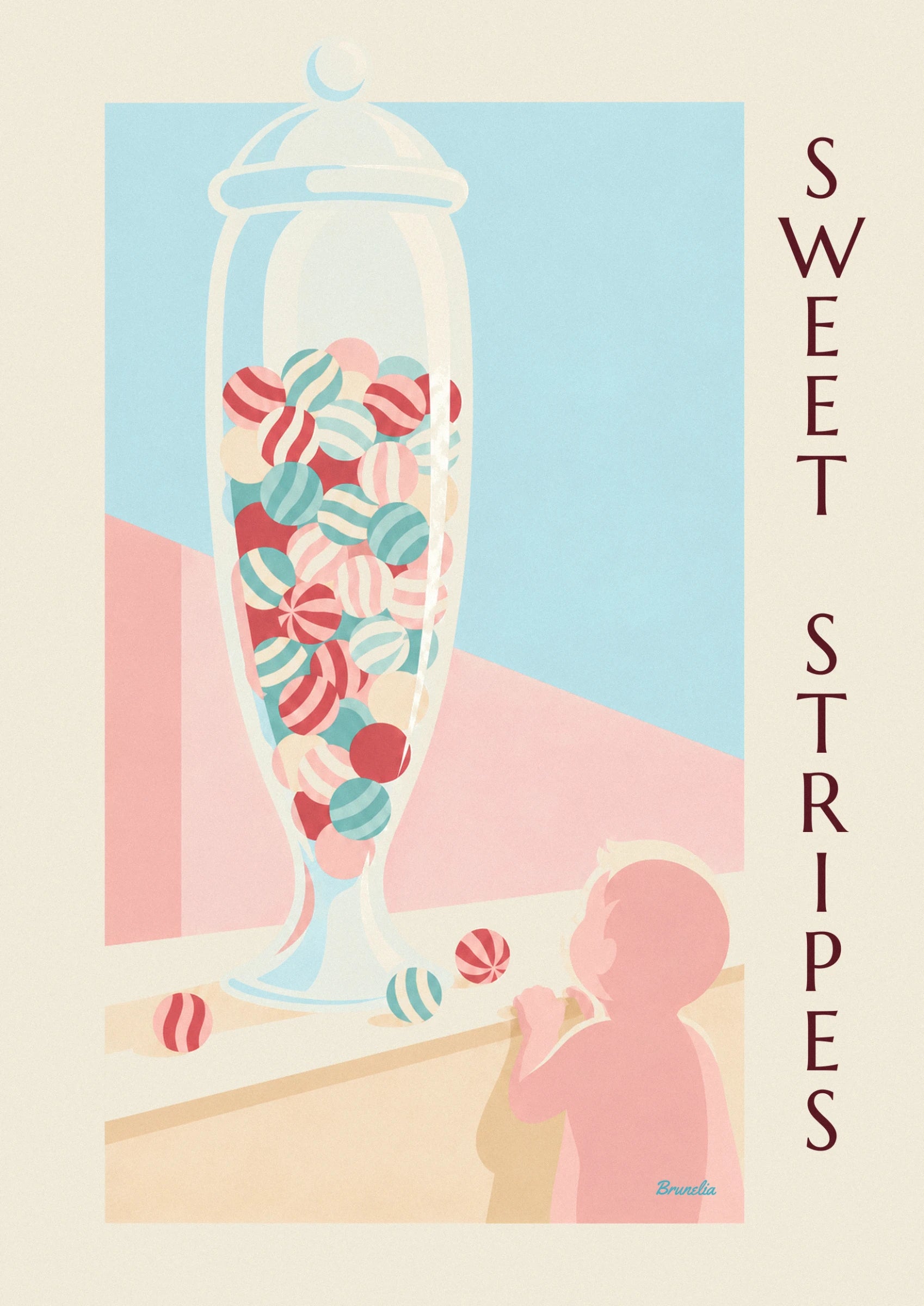 The red, pink and turquoise striped sweets piled in the glass jar