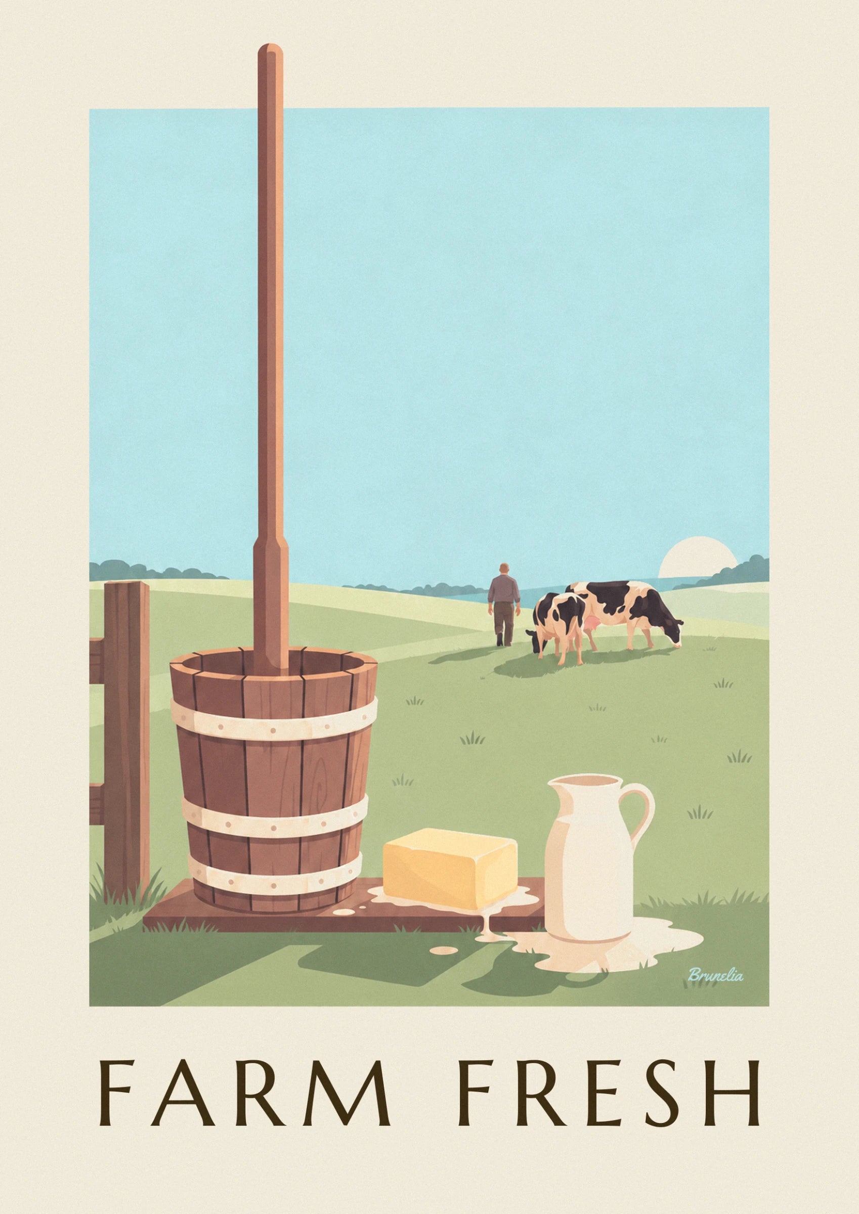 The brown wooden butter churn with its 3 pale hoops and upright handle