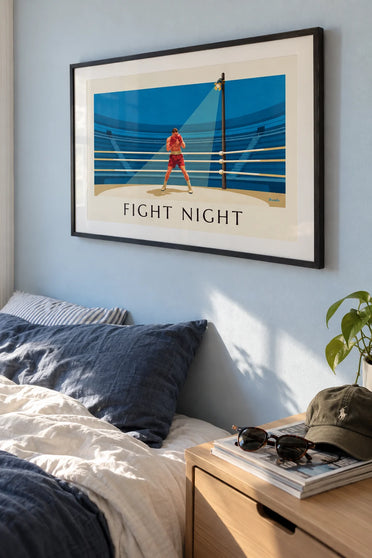 Poster of a boxer in fighting stance in the ring: framed on the wall