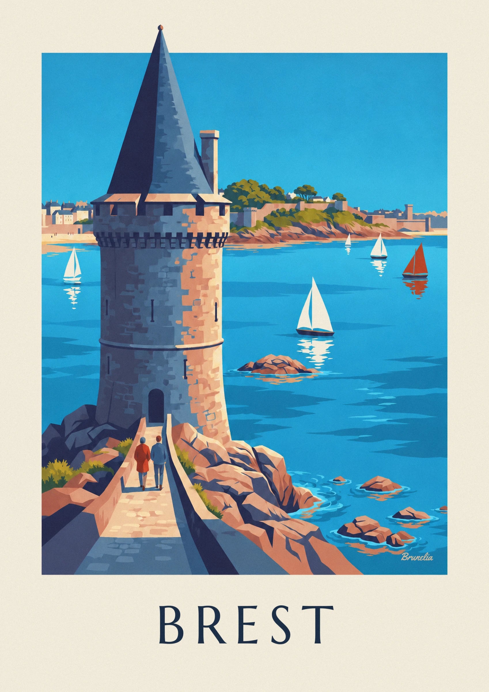 The grey and pink stone tower by the water, with a white sailing boat in front of the town