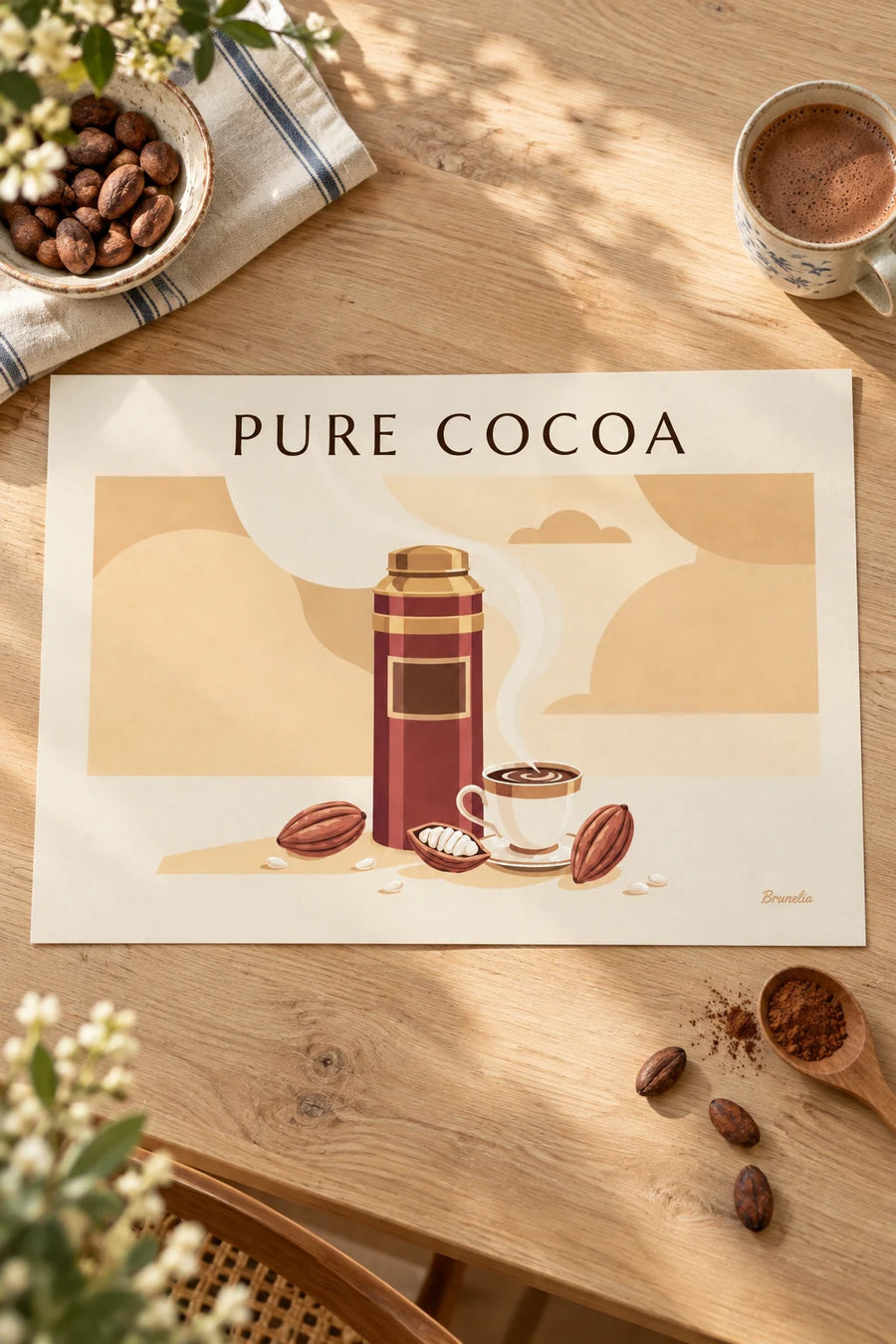 Plakat med kakaodåse og kop varm chokolade: på et bord