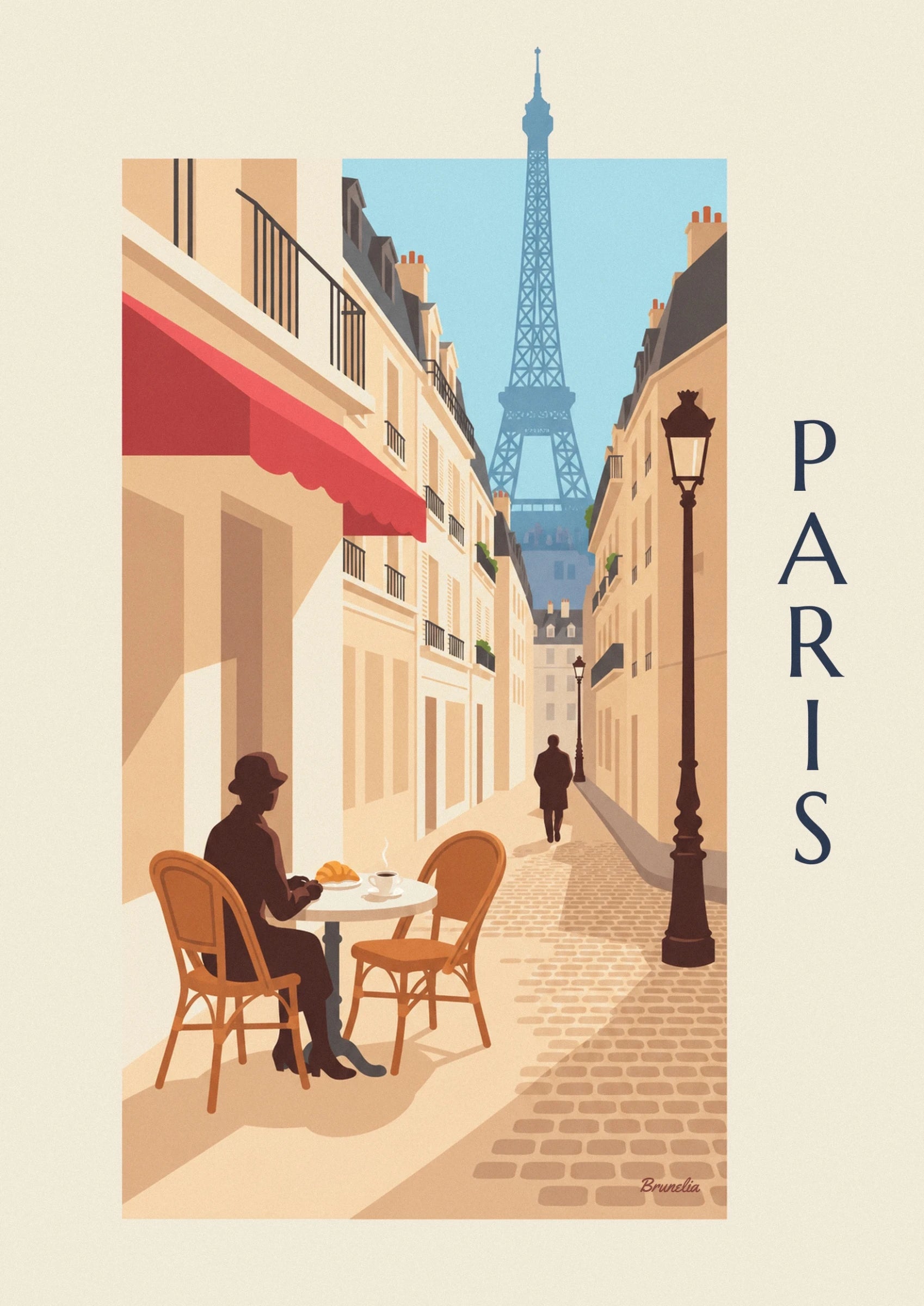 Une silhouette au chapeau devant un café fumant et un croissant, en terrasse