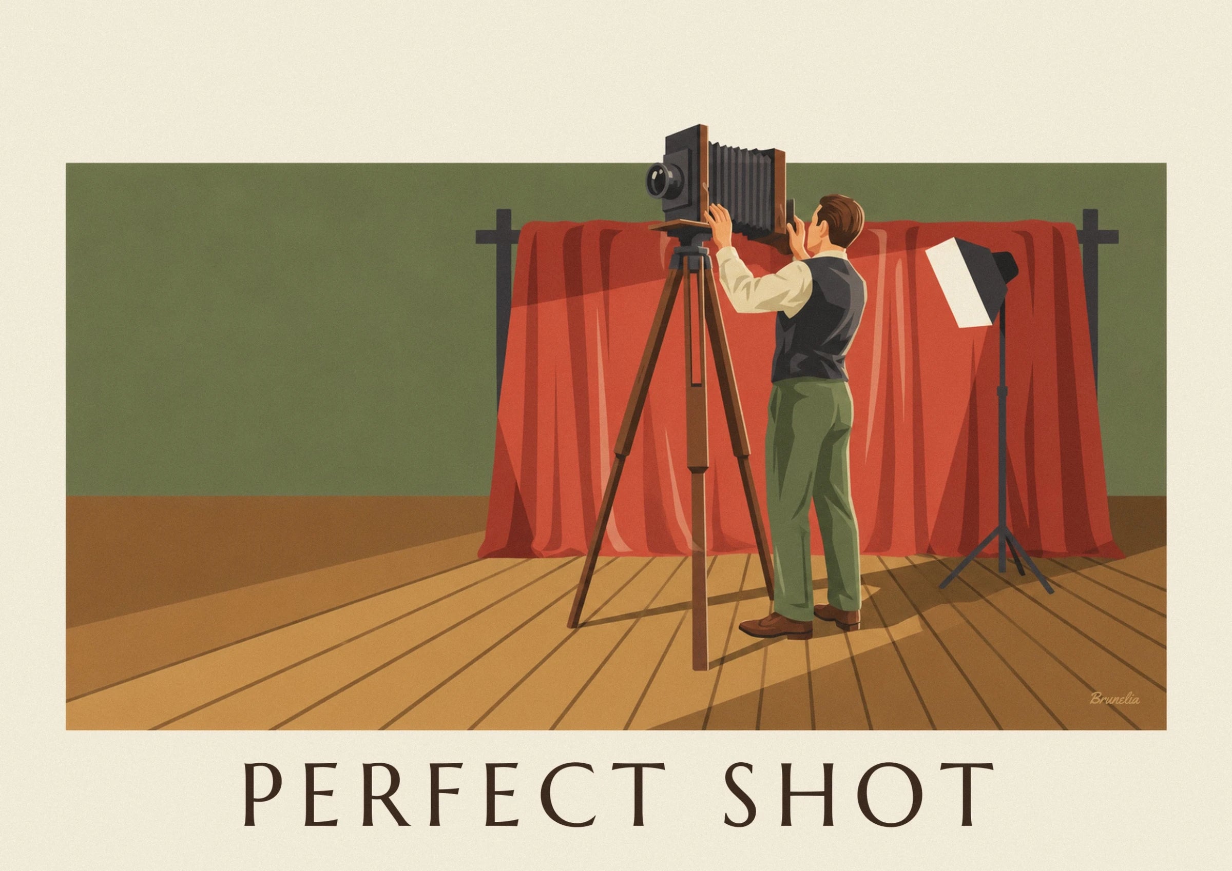 The photographer in a dark waistcoat and green trousers in front of his bellows camera on a tripod