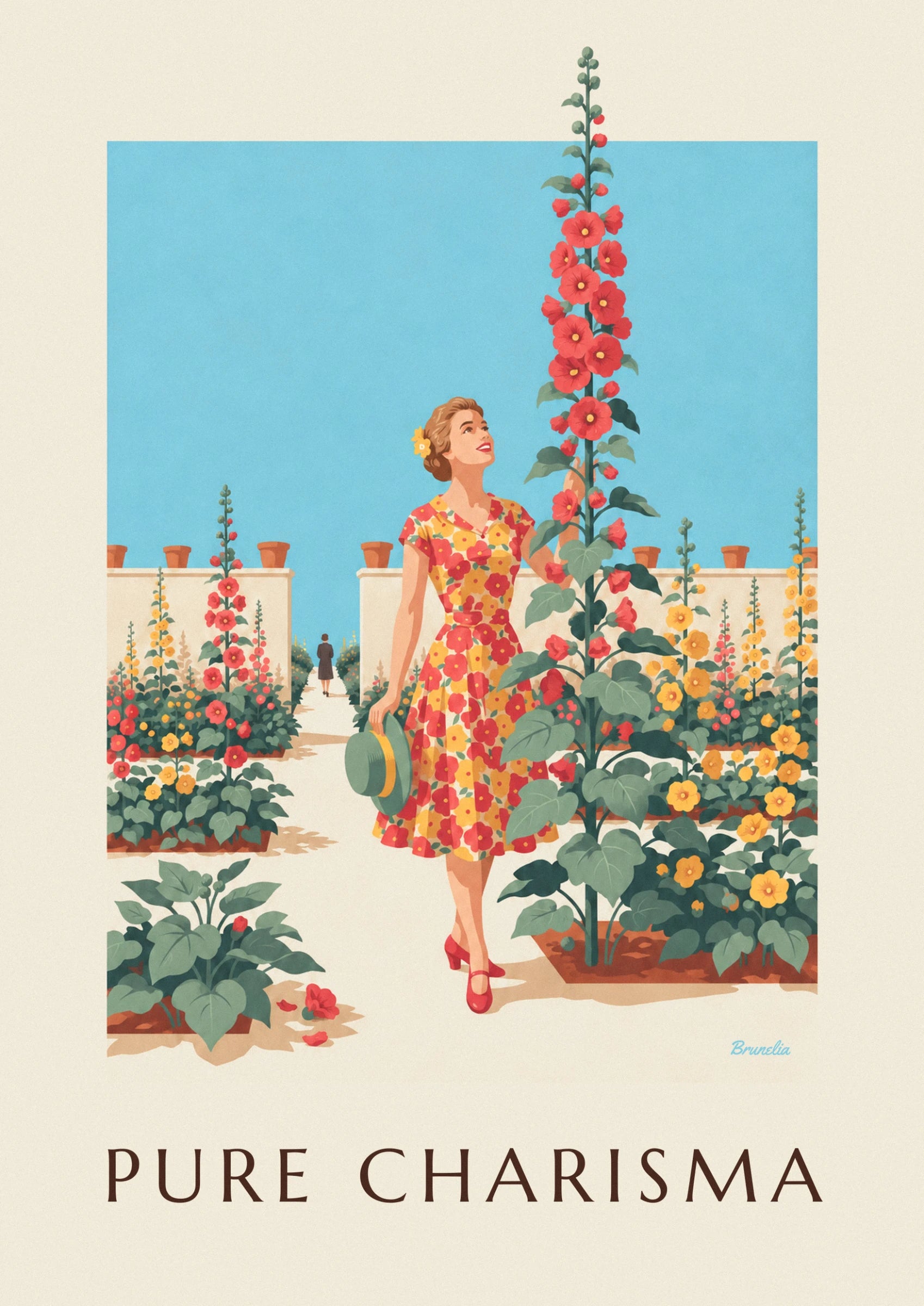 Affiche femme en robe à fleurs dans un jardin ensoleillé : détail en gros plan