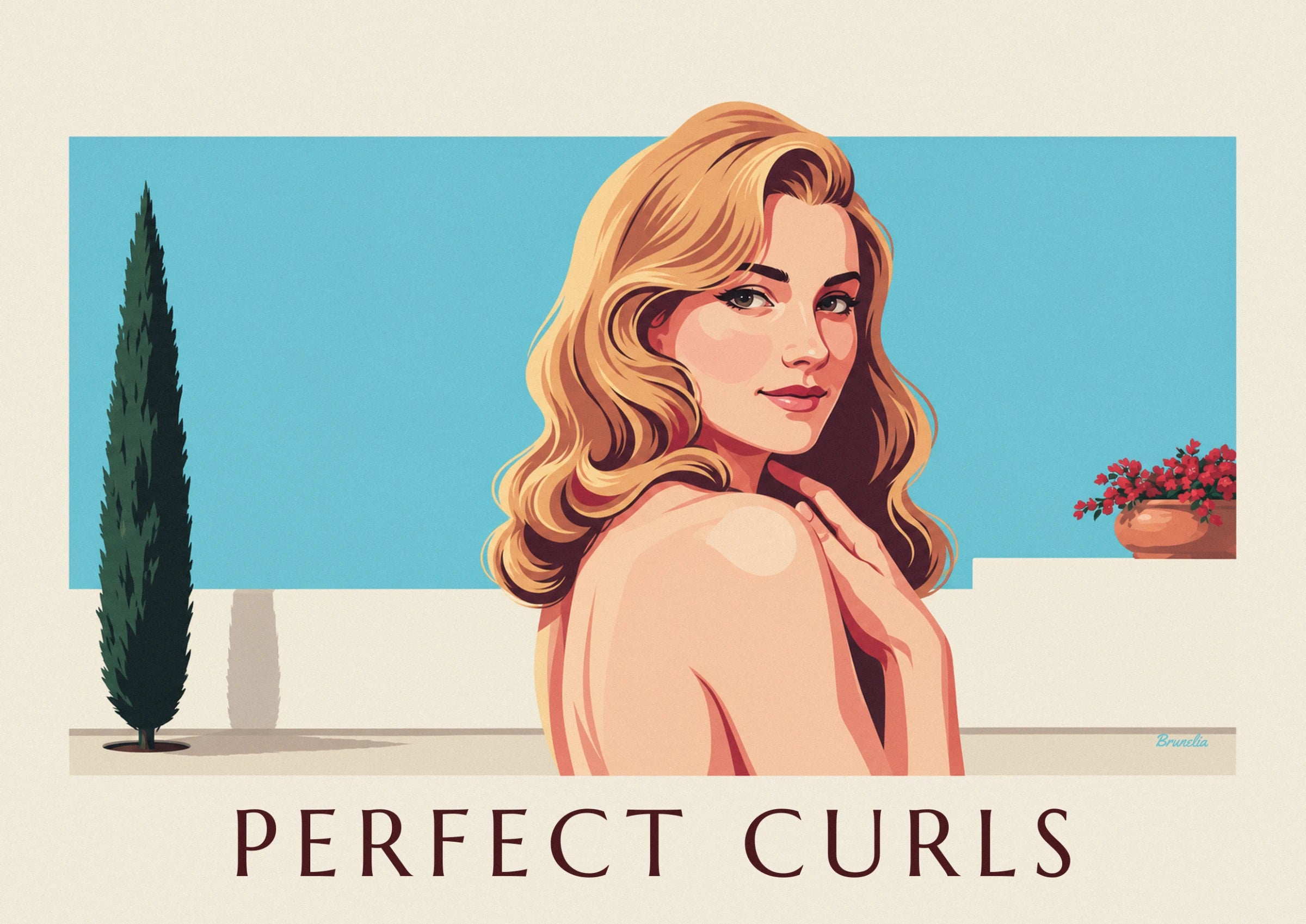 The blonde pin-up with long waves, glancing sideways with a hand on her shoulder