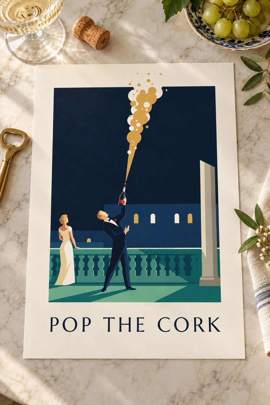 Affiche homme en smoking ouvrant une bouteille de champagne : posée sur une table