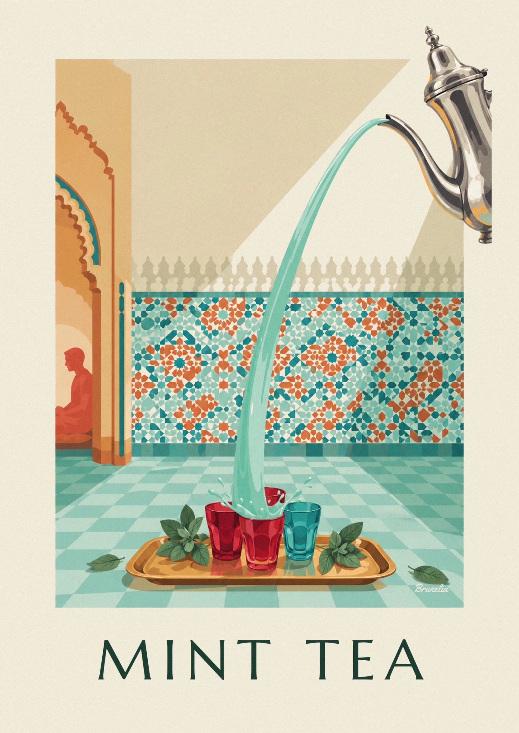 The red and turquoise glasses on a golden tray, surrounded by mint leaves