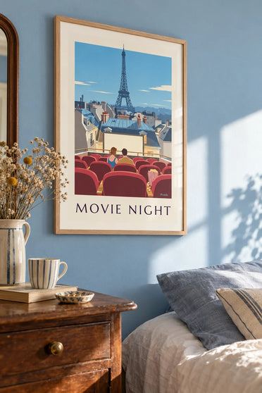 Open-air cinema poster on a Paris rooftop with popcorn: framed on the wall