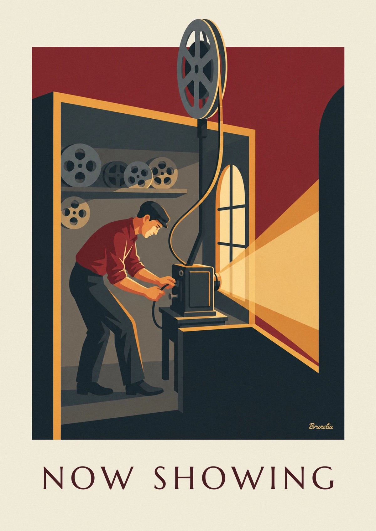 Cinema projectionist and film reel poster