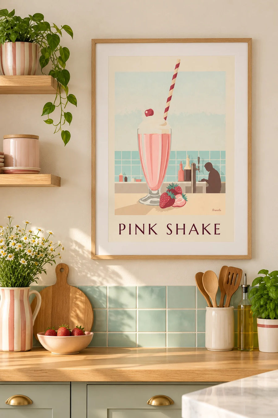 Plakat med jordbær-milkshake ved disken i en diner: indrammet på væggen