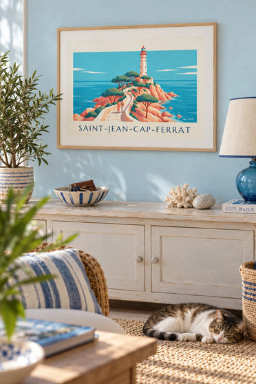 Poster of the Saint-Jean-Cap-Ferrat lighthouse on its rocky point: framed on the wall