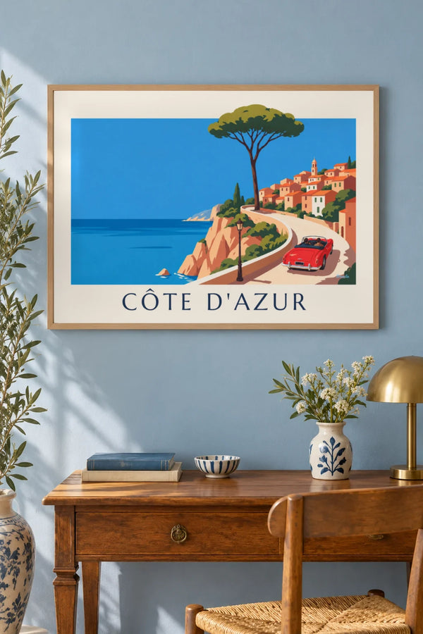 Plakat med rød cabriolet på kystvejen ved Côte d'Azur
