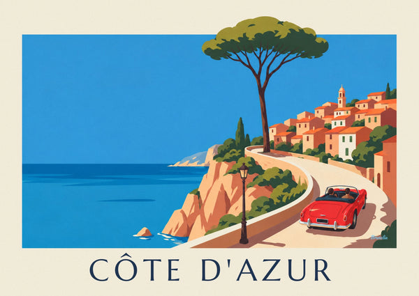 Affiche cabriolet rouge sur la corniche de la Côte d'Azur