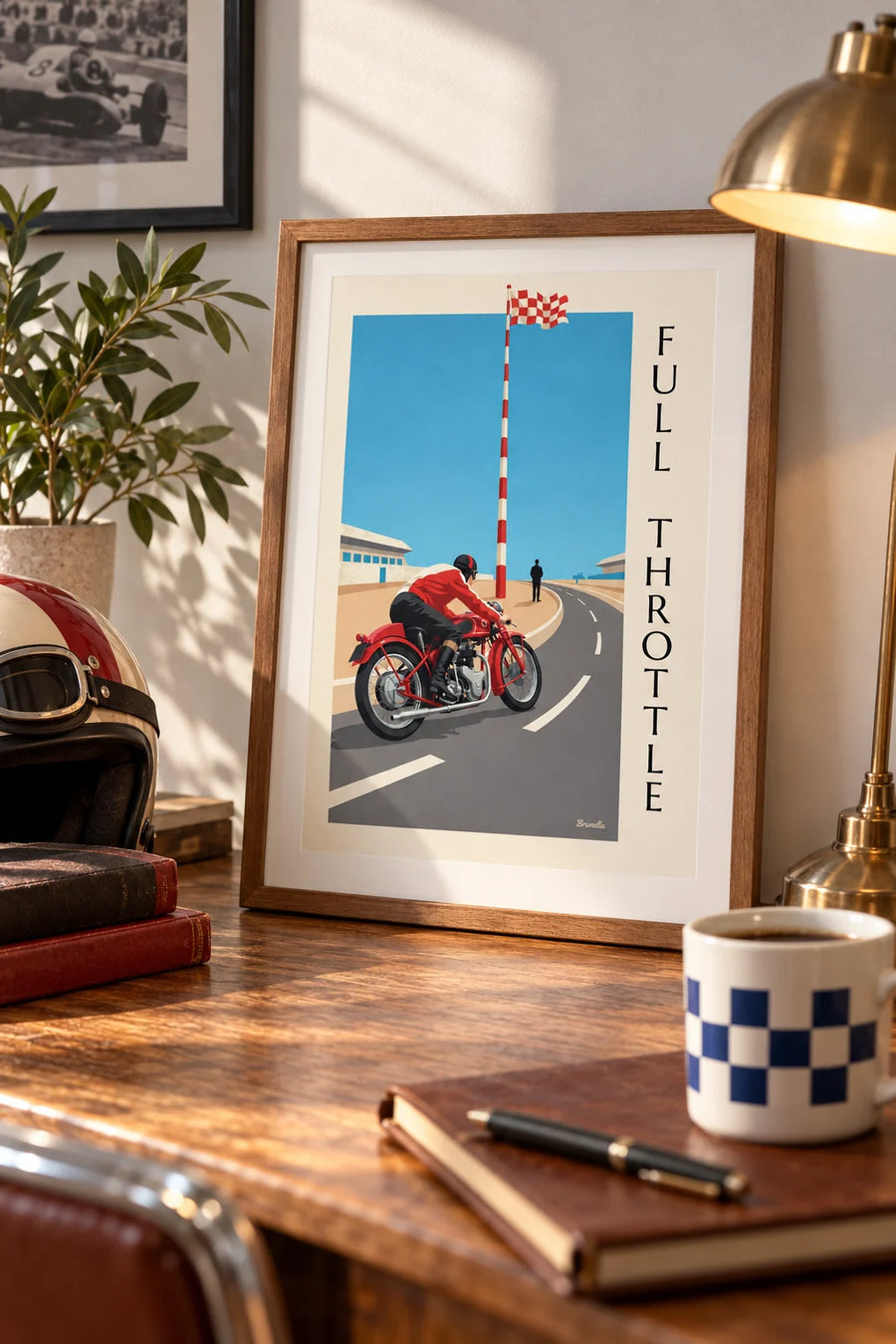 Plakat med racermotorcykel på skrå i et Grand Prix-sving: lille A4 i ramme