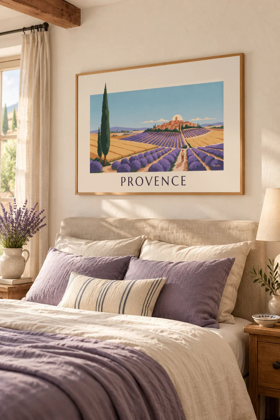 Plakat med provencalsk landskab i geometriske former: indrammet på væggen