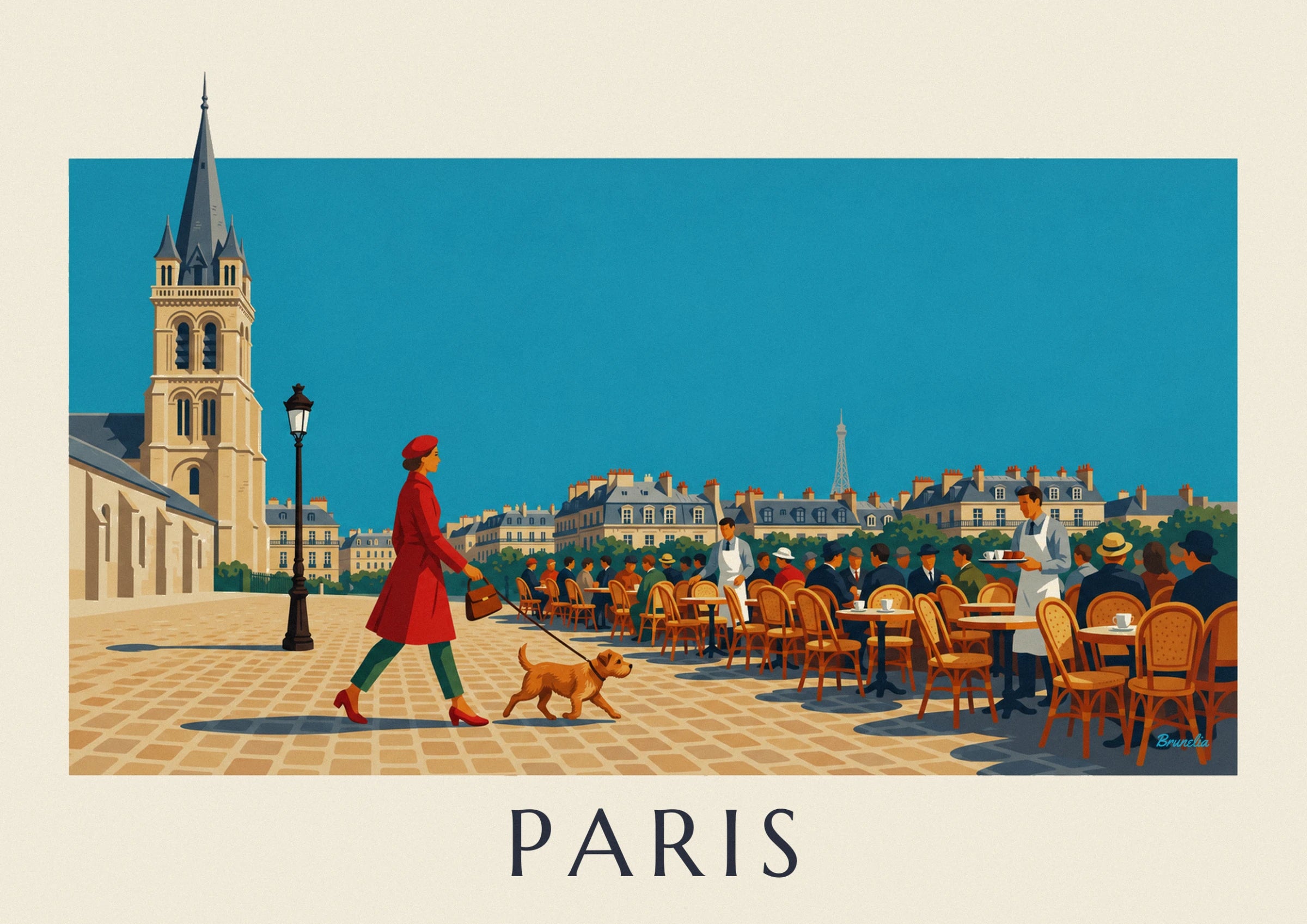 La femme au béret et manteau rouge, son sac marron et son chien roux en laisse sur les pavés