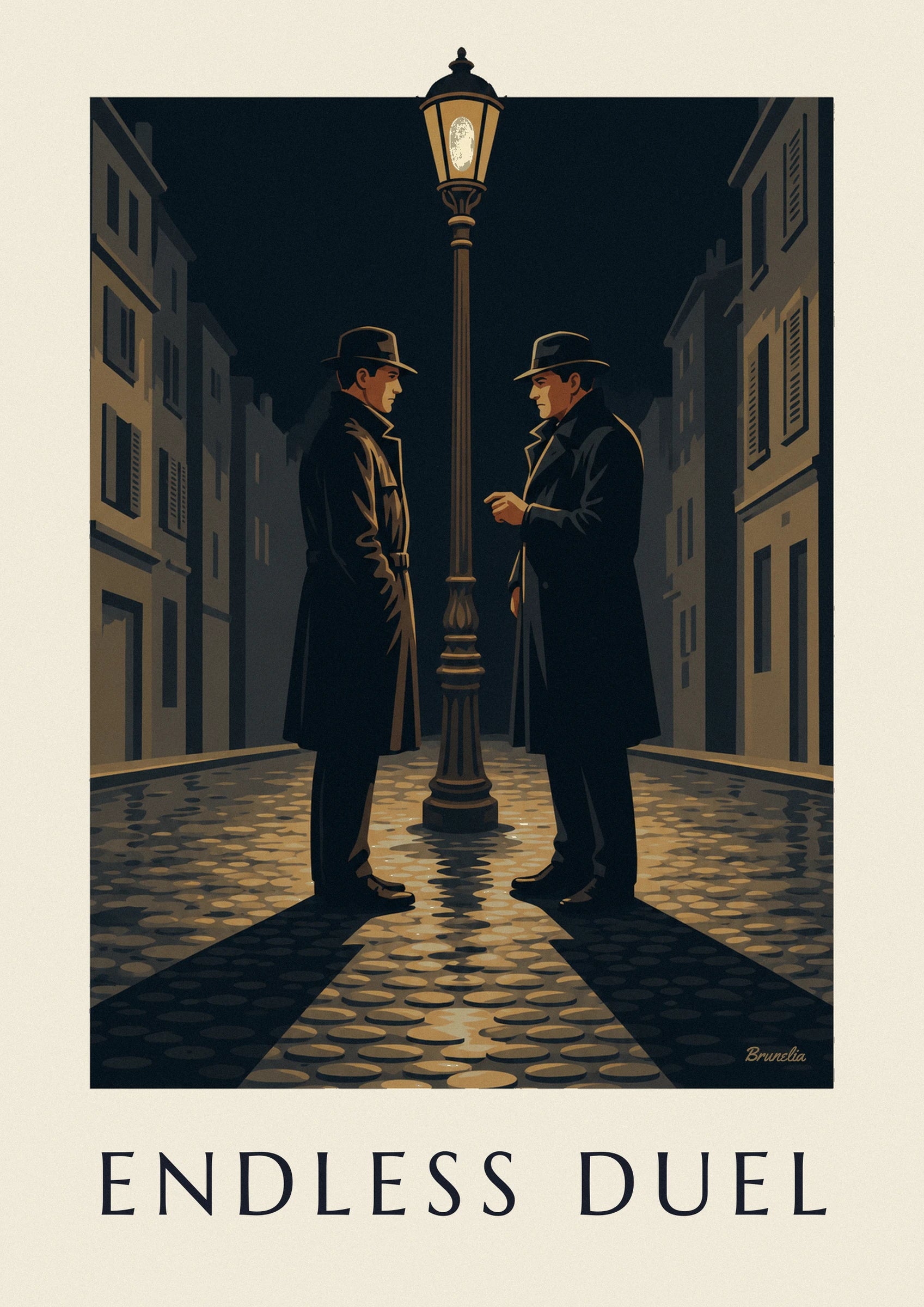 Plakat med film noir-duel under en gadelygte en regnfuld nat: nærbillede af detalje