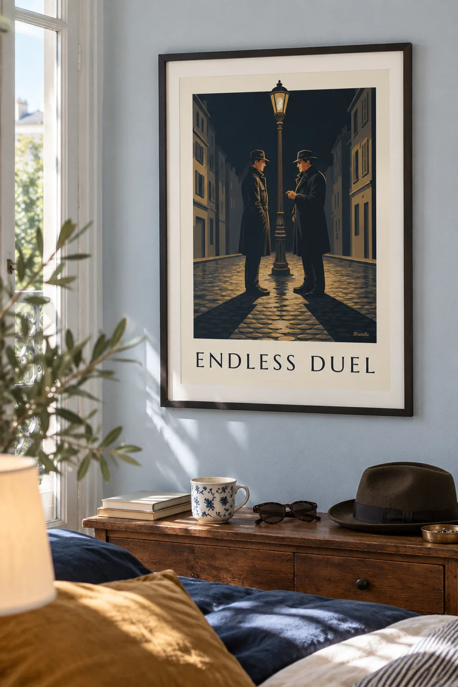 Plakat med film noir-duel under en gadelygte en regnfuld nat: indrammet på væggen