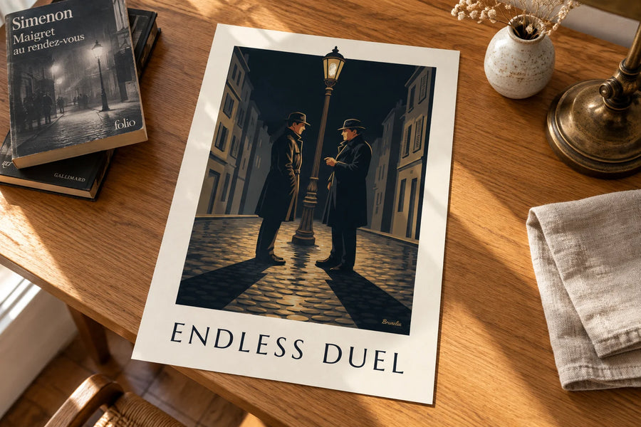 Plakat med film noir-duel under en gadelygte en regnfuld nat: stående på et bord