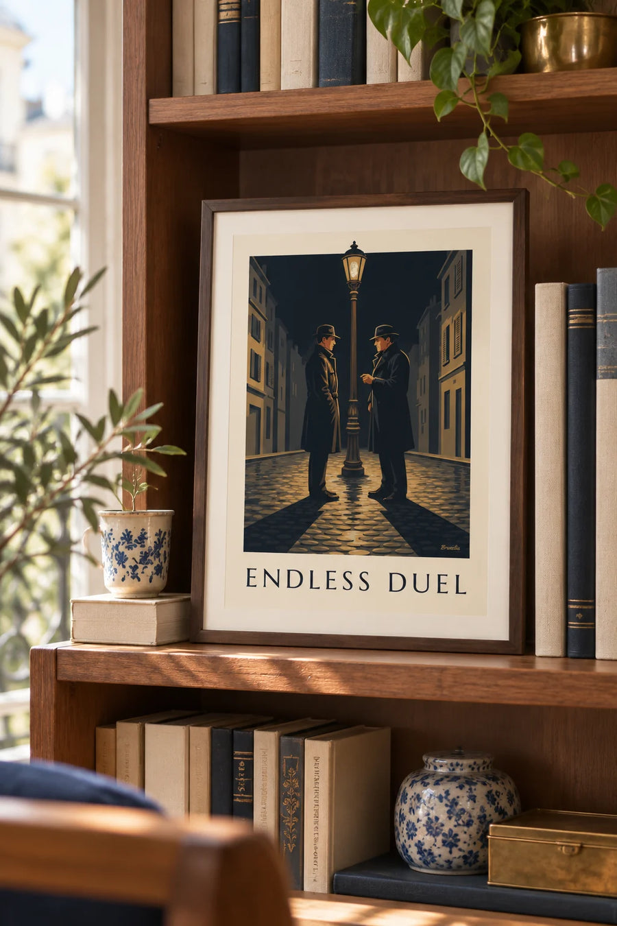 Plakat med film noir-duel under en gadelygte en regnfuld nat: lille A4-format i ramme