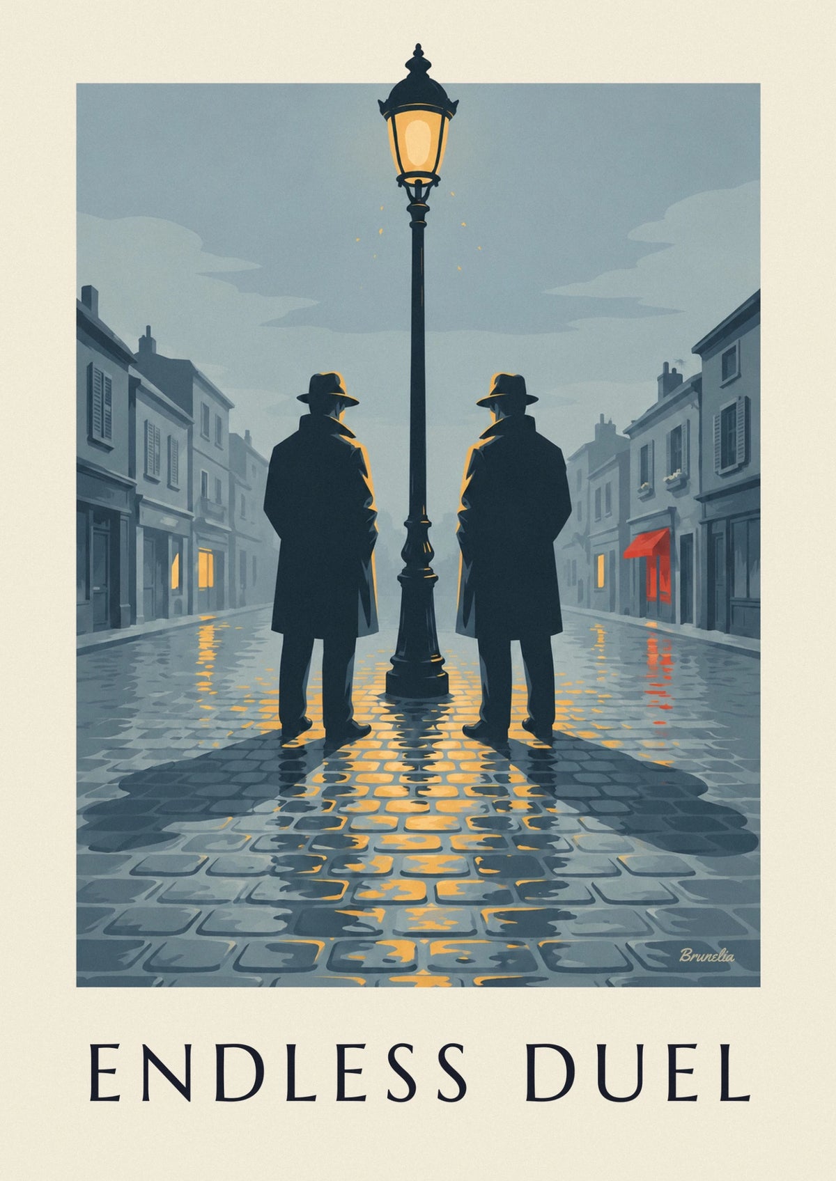 Affiche duel de film noir sous un réverbère, nuit de pluie