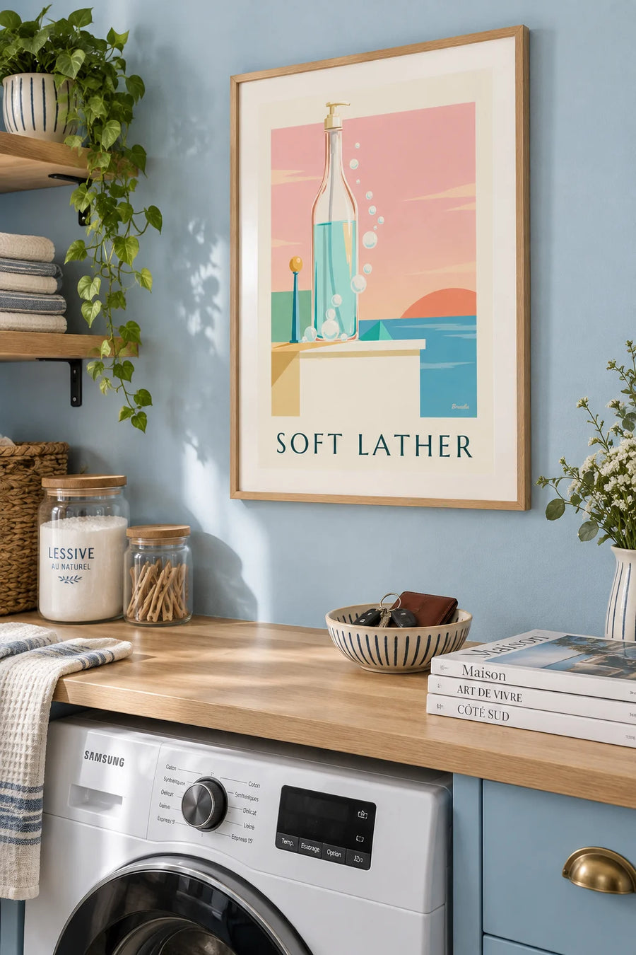 Poster of a liquid soap bottle and bathroom bubbles: framed on the wall