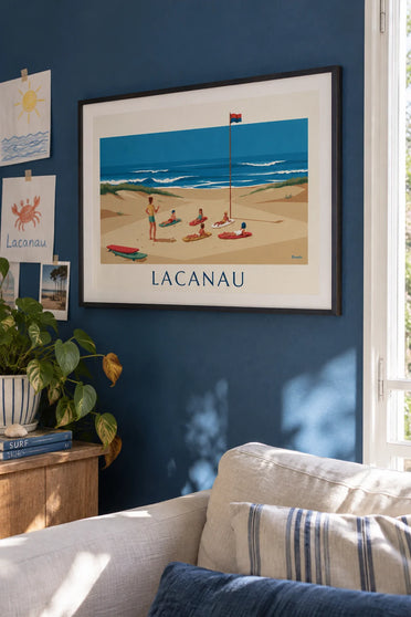 Poster of a kids’ surf lesson on Lacanau beach: framed on the wall