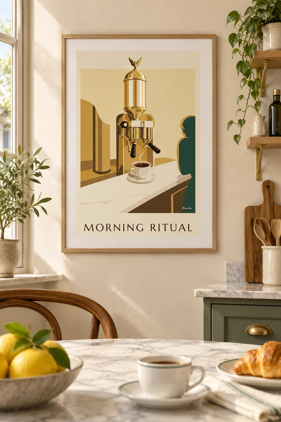 Plakat med italiensk espressokop i porcelæn: indrammet på væggen
