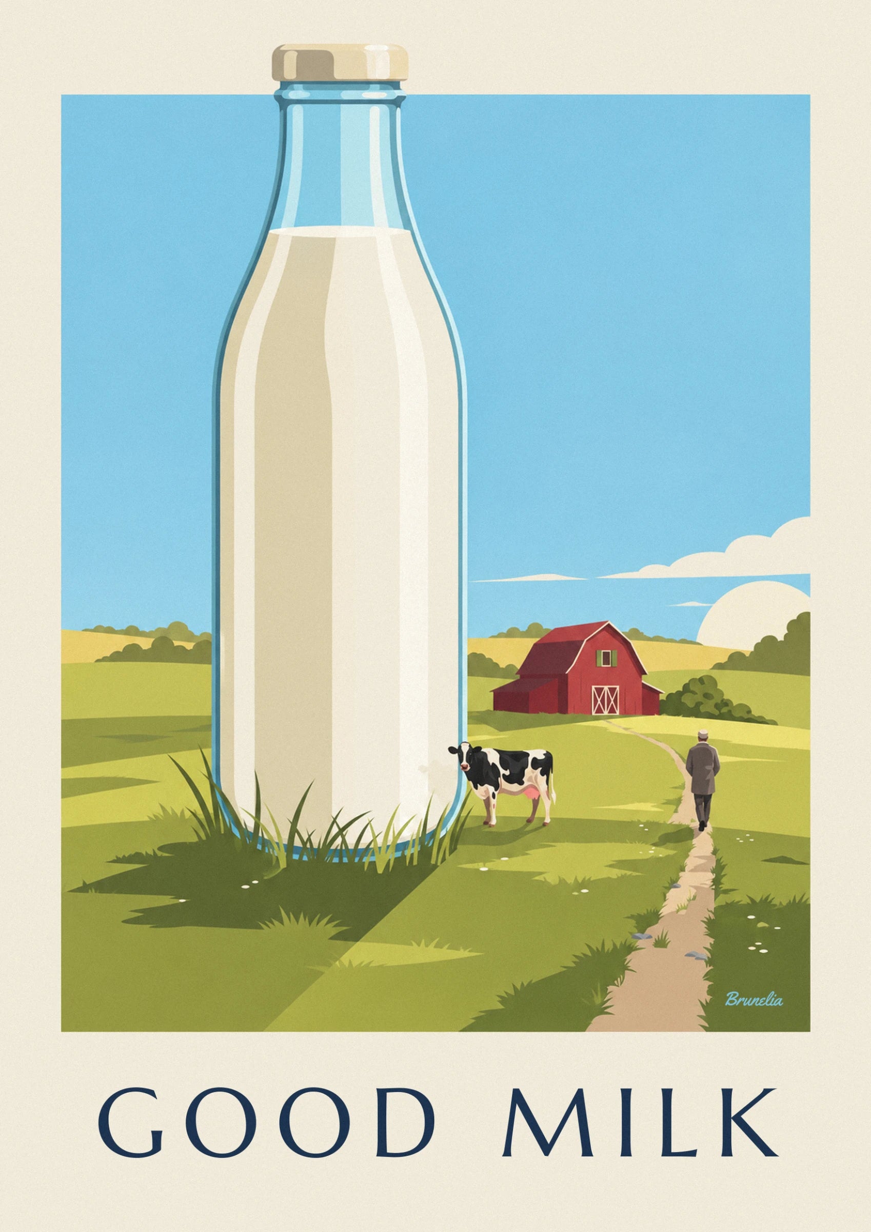 A black and white cow with a pink udder in the grass in front of the red barn