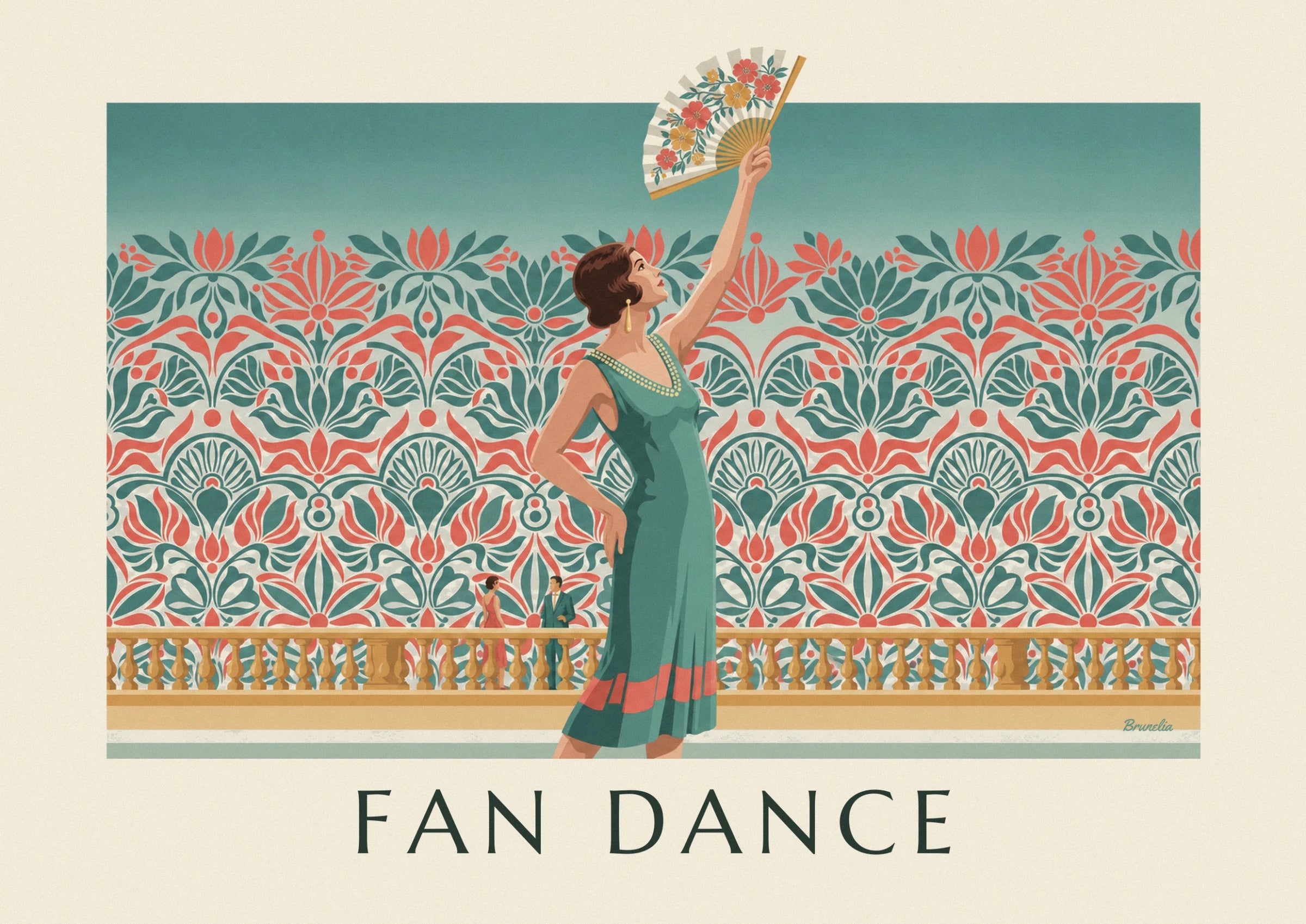 A woman in a sea-green dress edged with coral in front of a golden balustrade