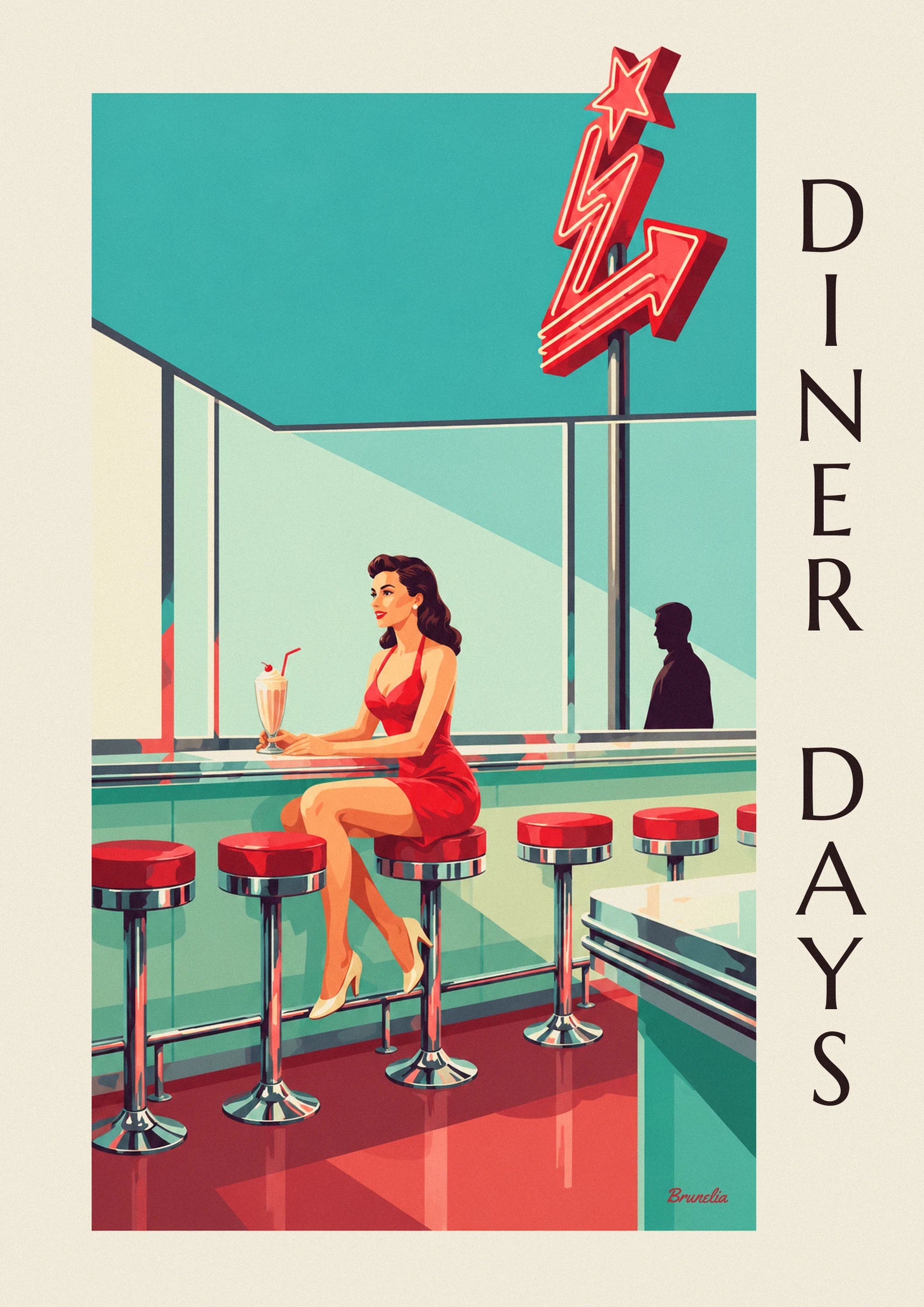 Plakat med pin-up ved disken i en amerikansk diner: nærbillede af detalje