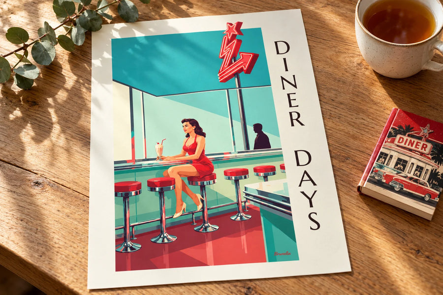 Plakat med pin-up ved disken i en amerikansk diner, på et bord