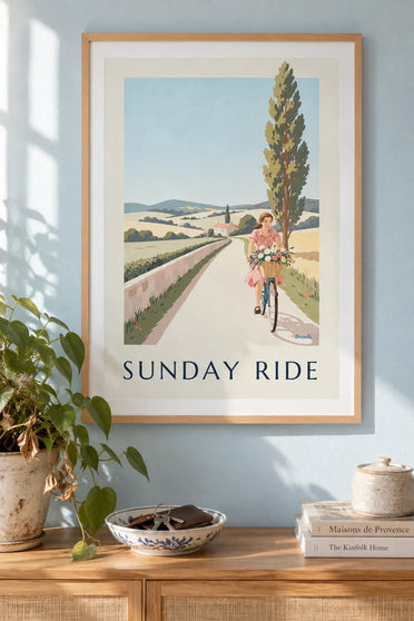 Affiche femme en robe vichy à bicyclette sur un chemin : encadrée au mur