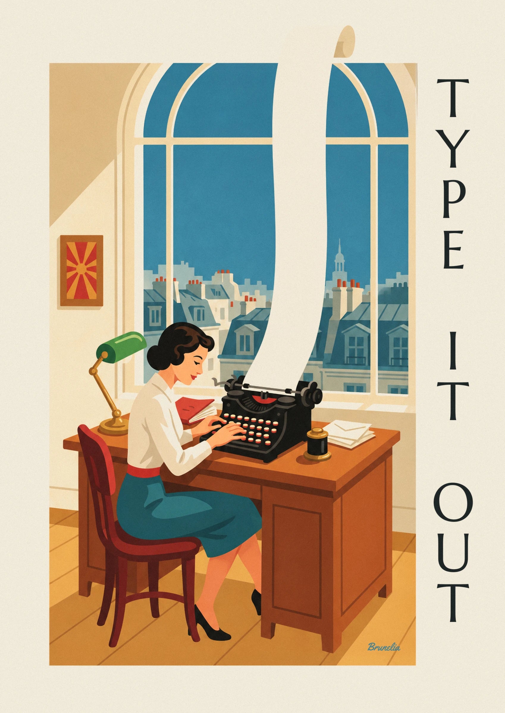 The secretary in a white blouse at her black typewriter, near a red notebook