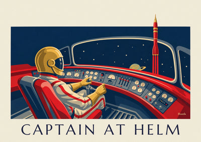 Poster of a helmeted pilot at the controls of a space rocket: the full poster