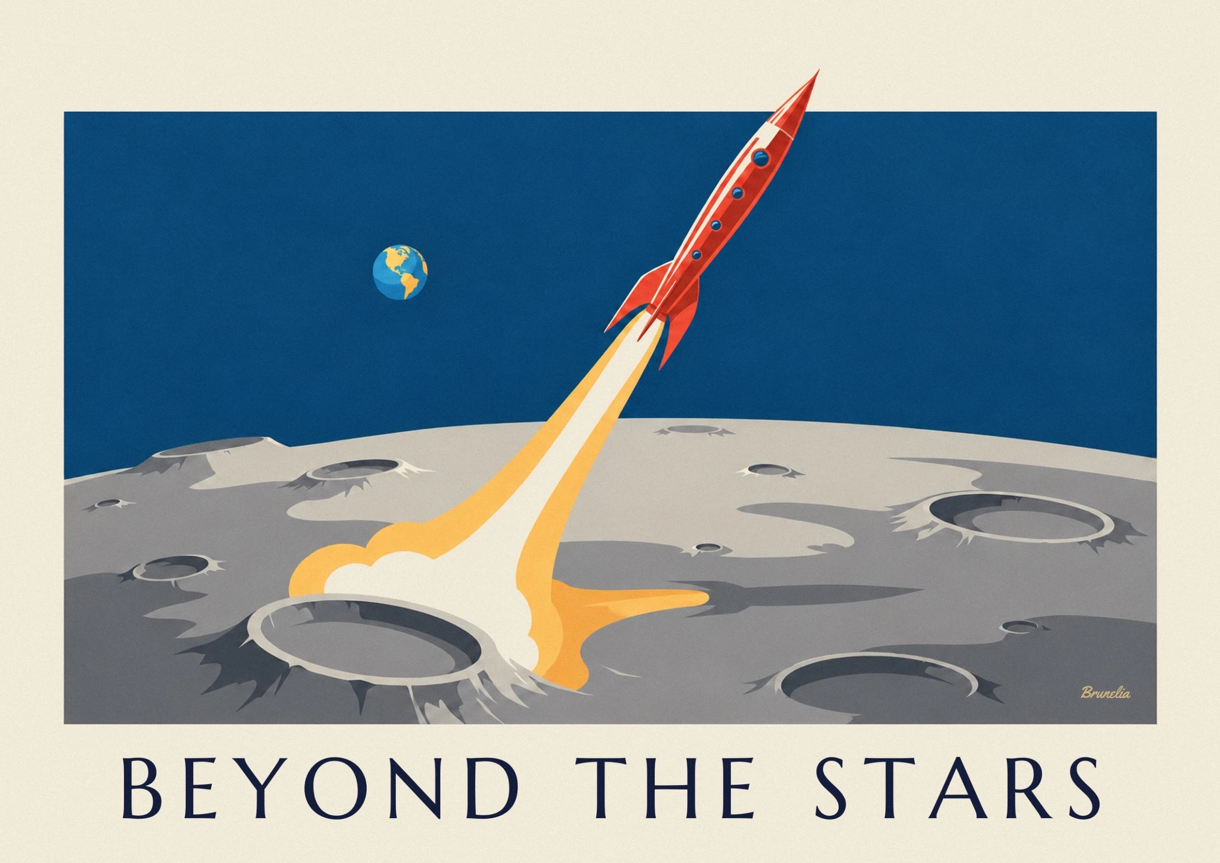 The red and white rocket with 4 blue portholes, propelled by a yellow and white flame