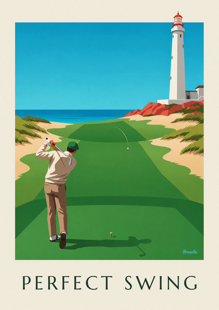 Plakat med golfspiller midt i sit swing på en links ved klippekanten