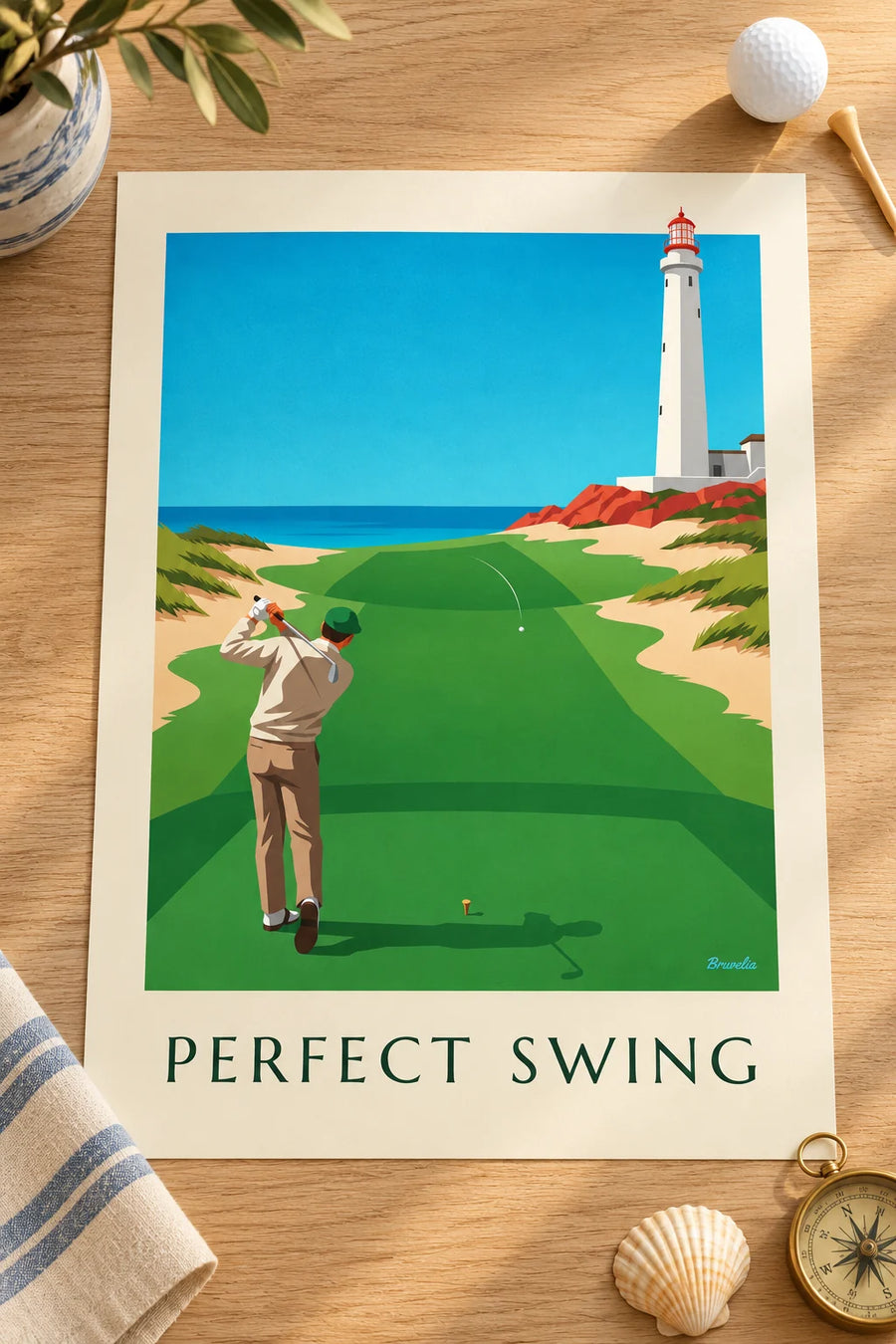 Plakat med golfspiller midt i et sving på en links-bane ved klippekanten: på et bord