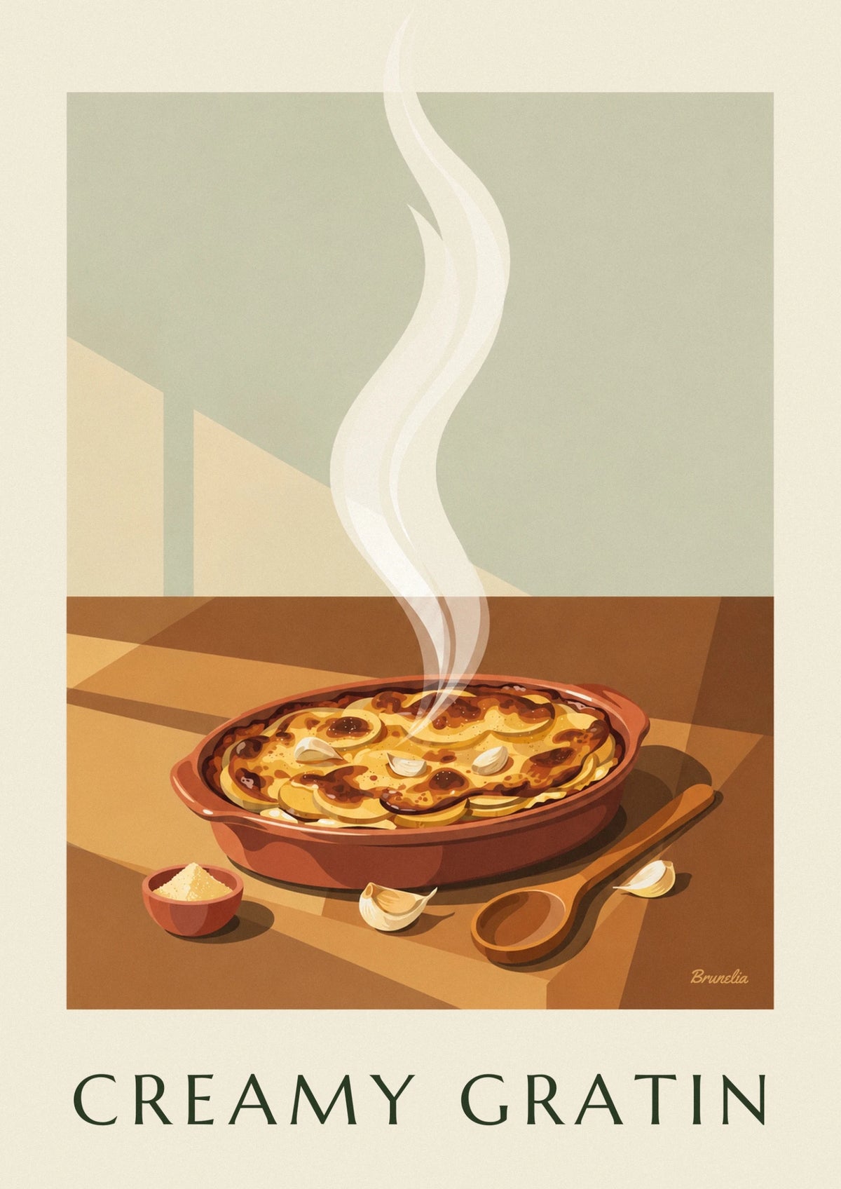 Golden gratin dauphinois in a terracotta dish poster