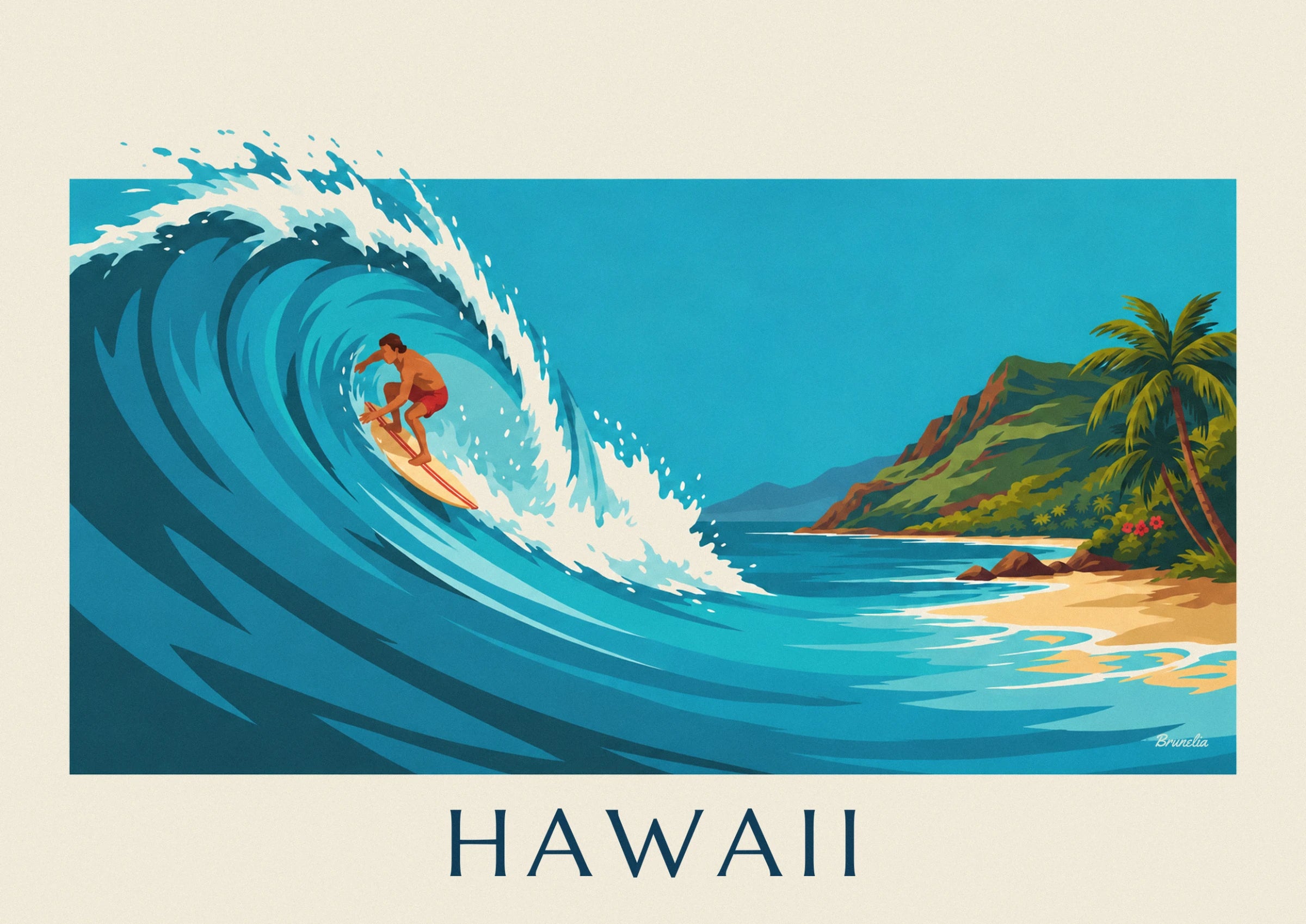 The surfer in red shorts on his cream board inside the barrel of the turquoise wave