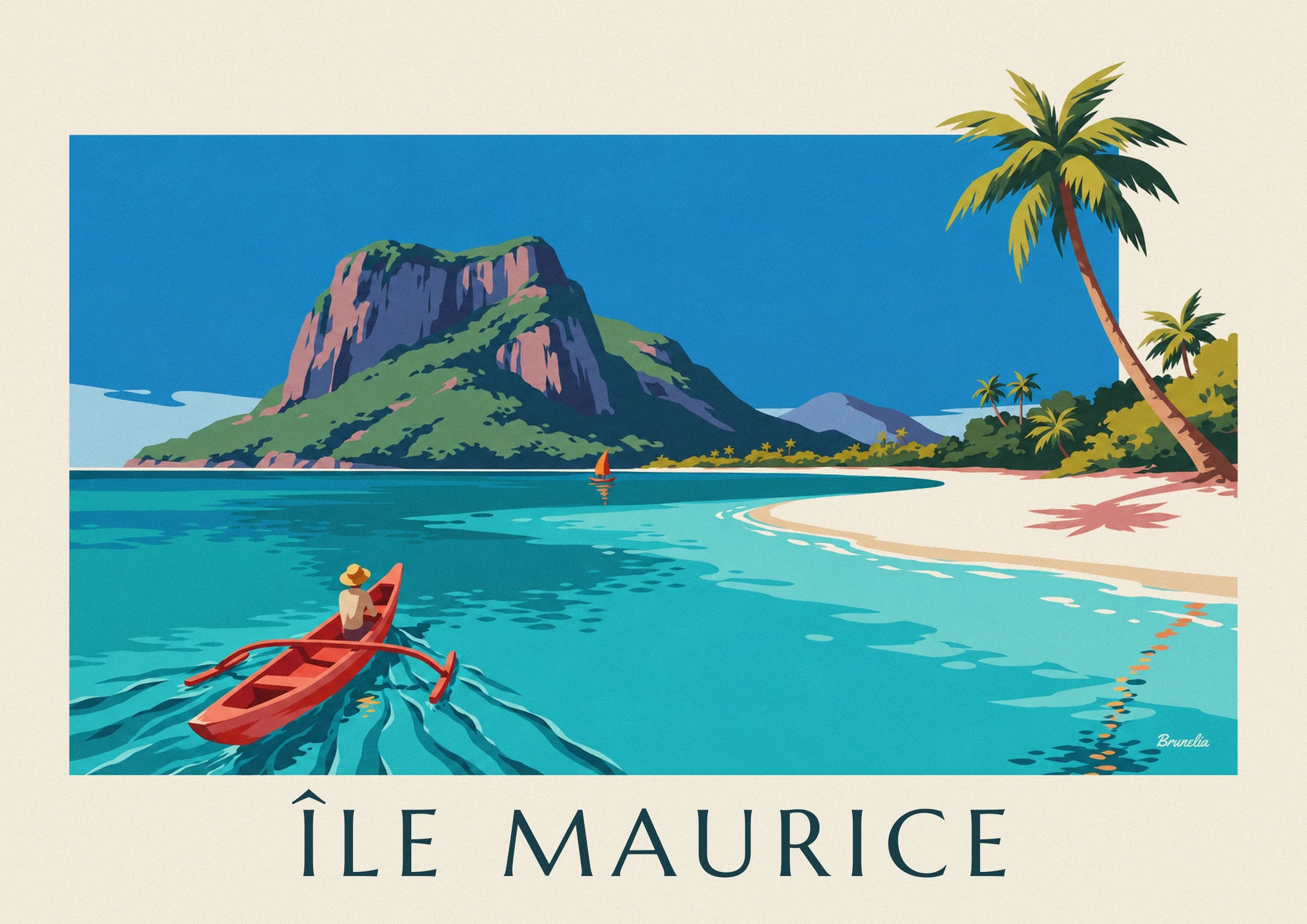 Plakat med lagune, kokospalmer og Le Morne Brabant på Mauritius: nærbillede af detalje