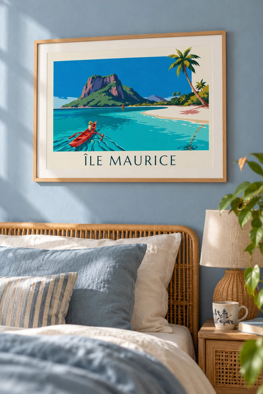 Plakat med lagune, kokospalmer og Le Morne Brabant på Mauritius: indrammet på væggen