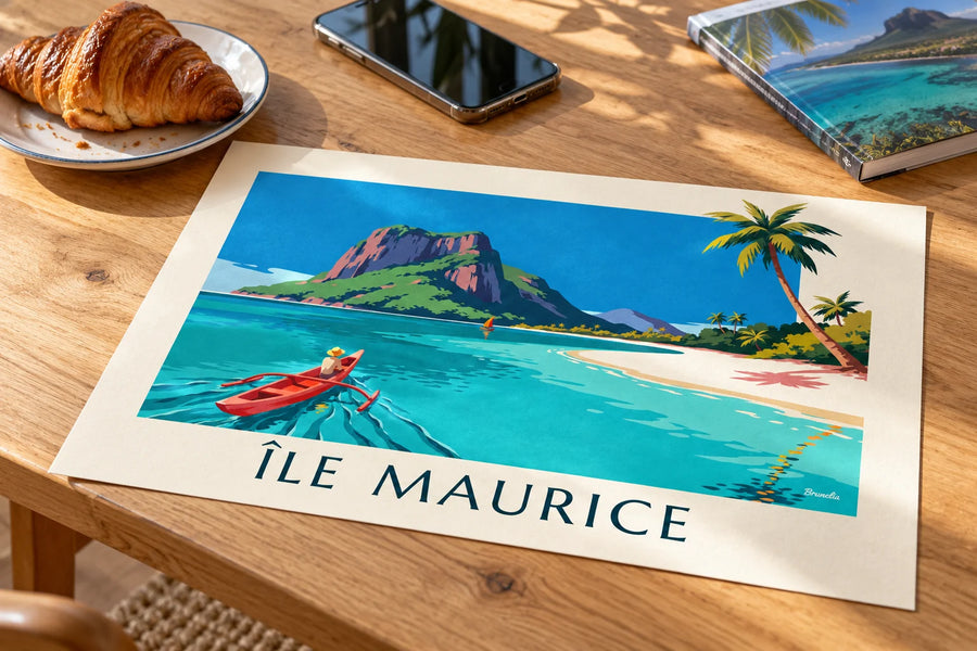 Plakat med lagune, kokospalmer og Le Morne Brabant på Mauritius: på et bord