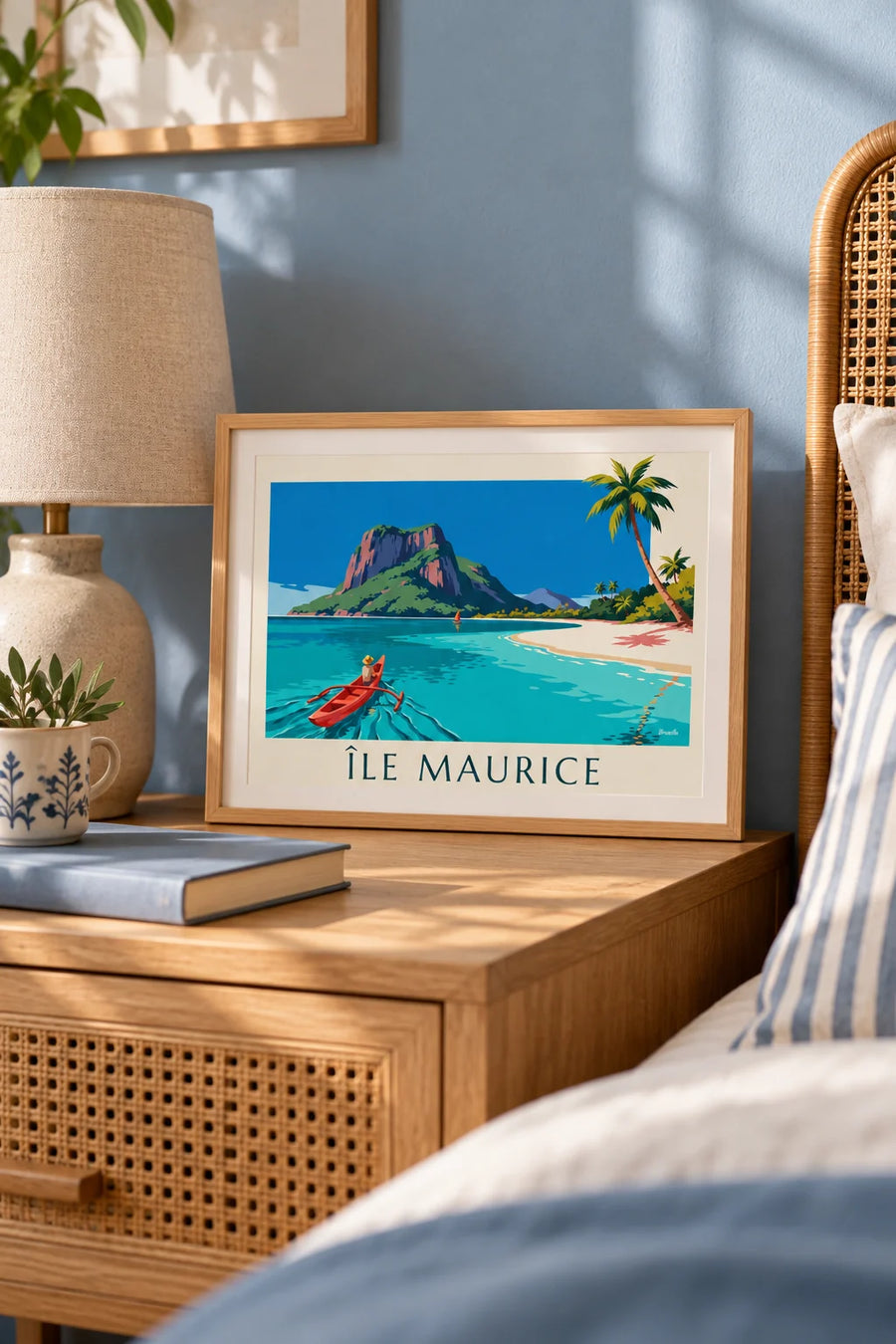Plakat med lagune, kokospalmer og Le Morne Brabant på Mauritius: lille A4 i ramme