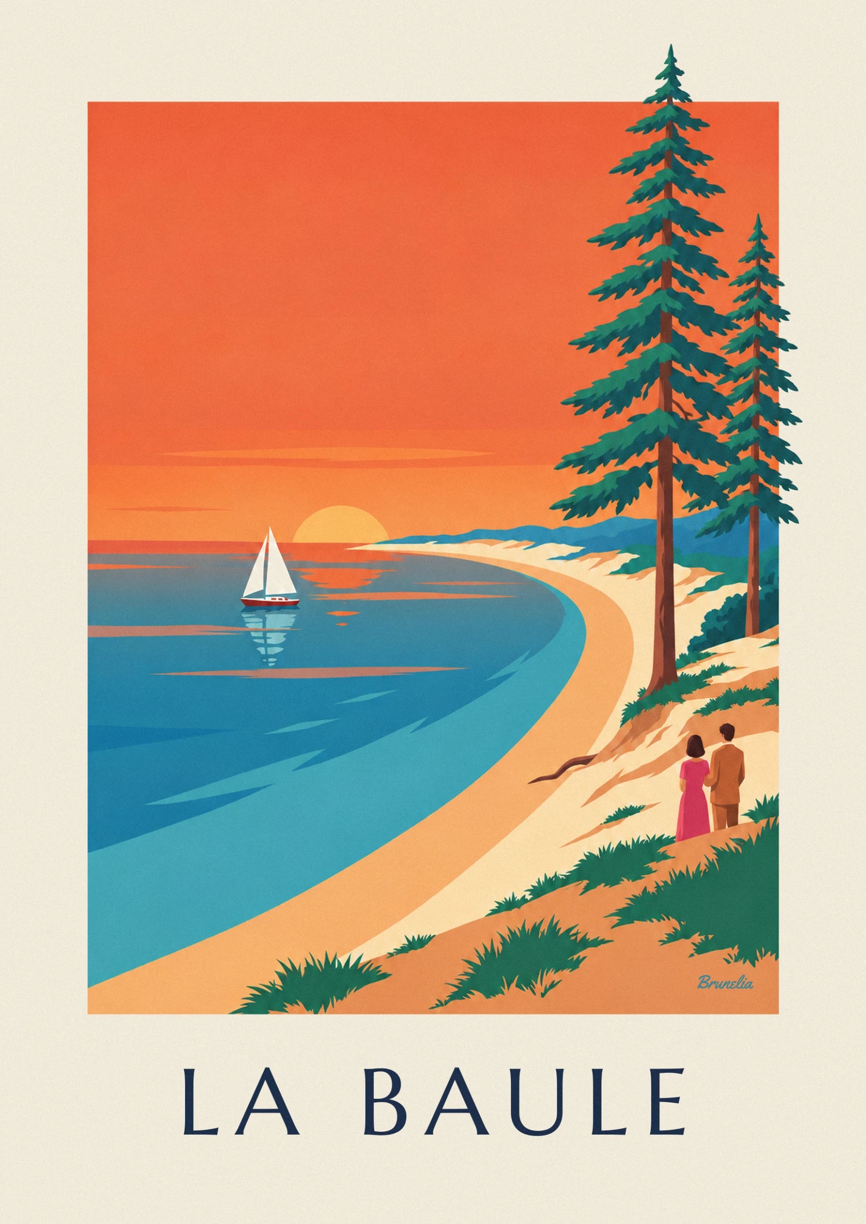 The couple seen from behind in a pink dress and camel jacket on the sand dune