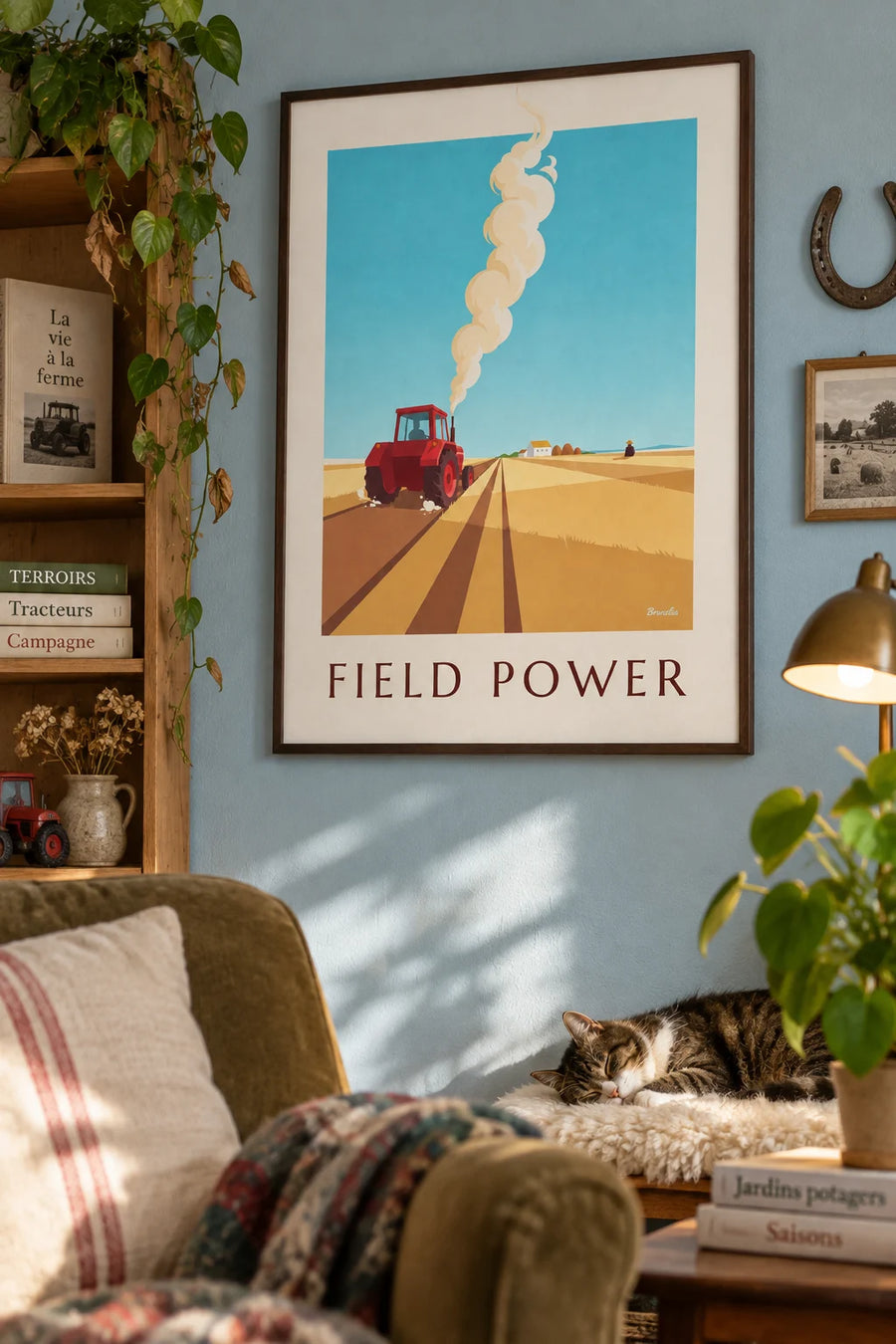 Poster of a red farm tractor plowing a golden field: framed on the wall