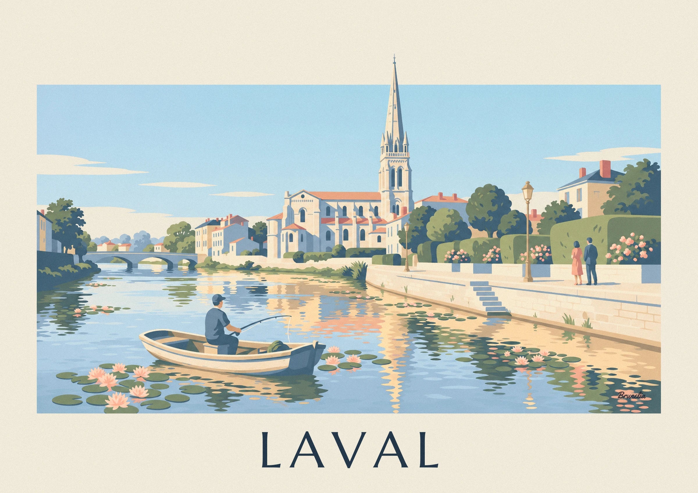 The basilique d’Avesnières with its tall spire and orange roofs beside the Mayenne