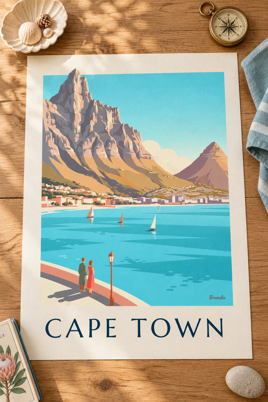 Plakat med Taffelbjerget og Lion's Head i Cape Town: stillet på et bord