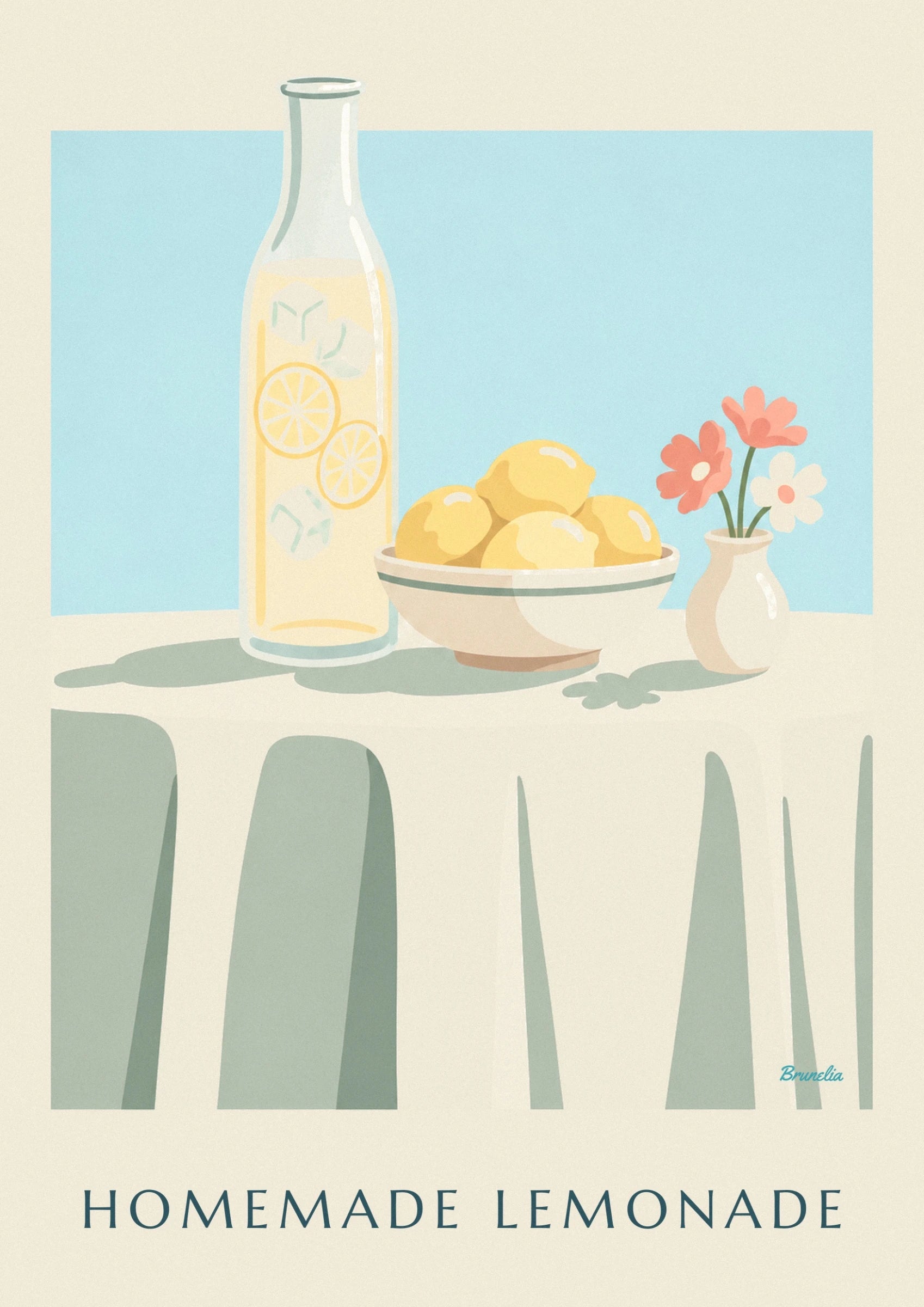La carafe de limonade jaune pâle, ses rondelles de citron et ses glaçons